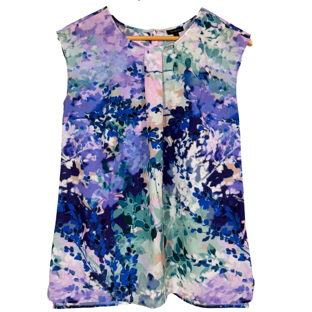Talbots Sleeveless Button Back Abstract Floral Blouse Purple Blue Size 2